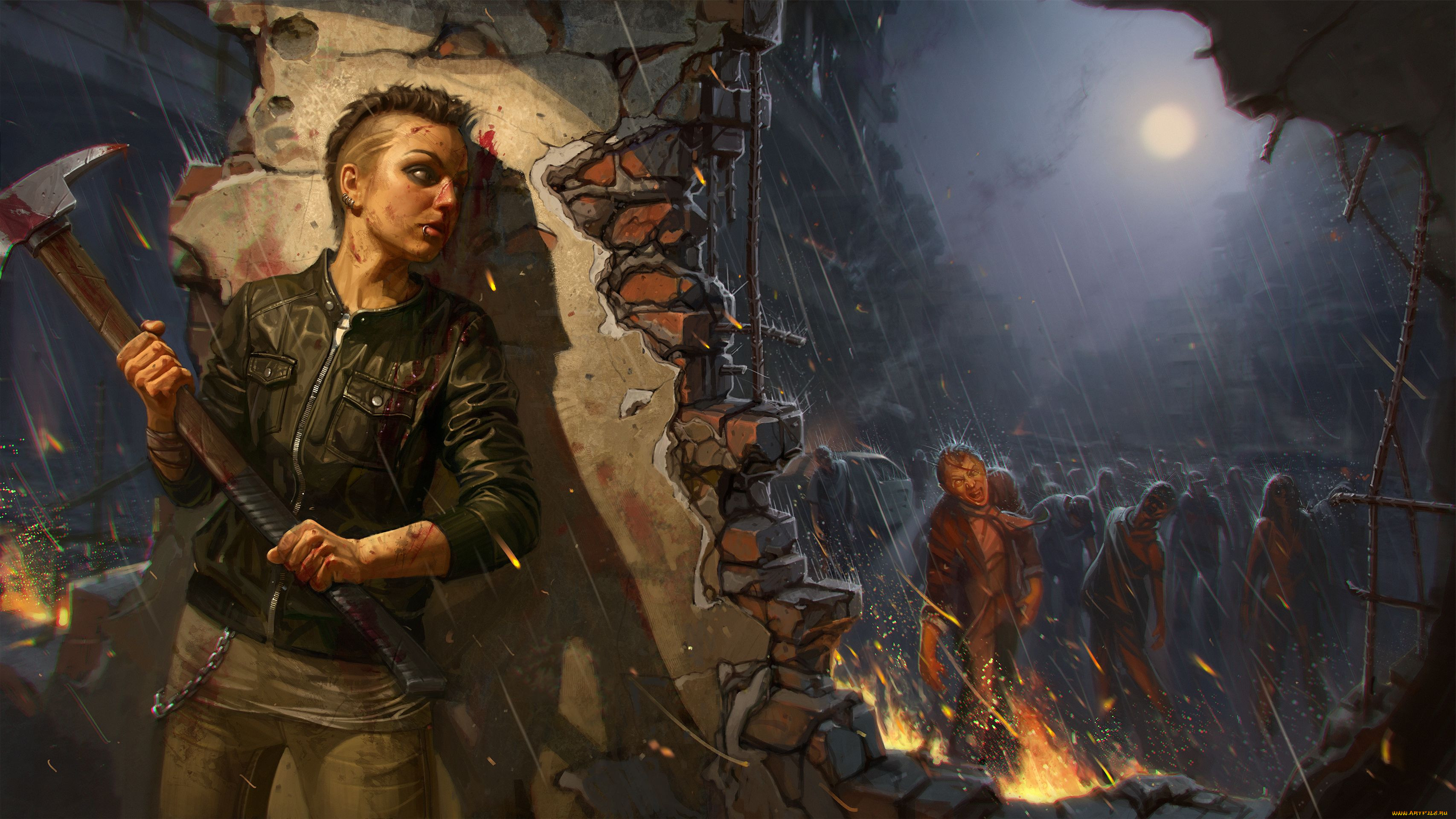 Обои Infestation: Survivor Stories (The War Z) Видео Игры Infestation:  Survivor Stories (The War Z) , обои для рабочего стола, фотографии  infestation, survivor, stories, the, war, видео, игры, дождь, кирка, зомби,  девушка